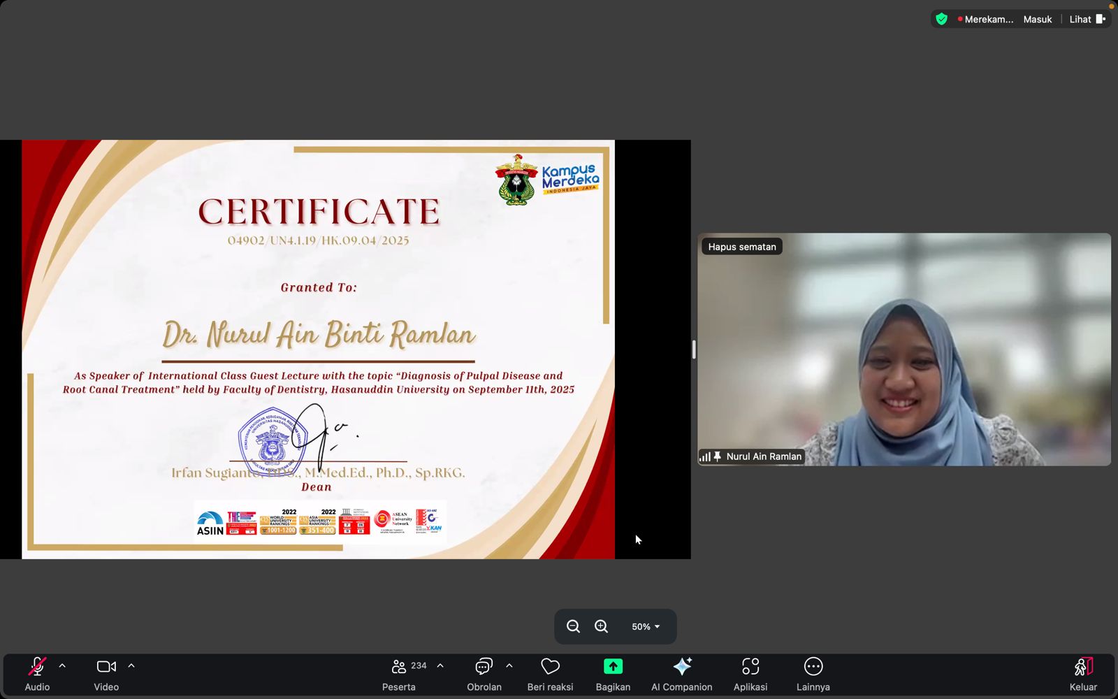 FKG Unhas Gelar Kuliah Tamu, Hadirkan Dr. Nurul Ain Binti Ramlan dari Malaysia
